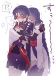  !? 1boy 1girl absurdres armor black_bridal_gauntlets blunt_bangs blunt_ends blush bodysuit bridal_gauntlets closed_eyes ear_blush embarrassed facing_another genshin_impact gold gold_trim grey_trim hair_tie hand_on_another&#039;s_hand hands_on_another&#039;s_chest heart highres hug hug_from_behind japanese_armor japanese_clothes jewelry juban kimono kimono_skirt kote kurokote layered_sleeves long_hair looking_to_the_side low-braided_long_hair low-tied_long_hair mitsudomoe_(shape) mother_and_son neck_ring nero_hanken o-ring obi obiage obijime open_clothes open_kimono open_mouth pelvic_curtain purple_bodysuit purple_eyes purple_hair purple_kimono purple_rope purple_sash purple_shorts purple_shrug purple_sleeves purple_thighhighs raiden_shogun red_kimono red_sash rope sash scaramouche_(genshin_impact) shimenawa short_sleeves shorts single_sidelock single_sode spoken_interrobang string surprised sweat thighhighs tomoe_(symbol) translation_request trembling twitching very_long_hair white_background white_kimono white_mouth white_rope wide-eyed 