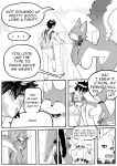 anthro big_breasts biped black_eye_(injury) blood bodily_fluids breasts bruised canid canine comic comic_panel dialogue duo female fox hanging_breasts hi_res huge_breasts human hyper hyper_breasts leaf_pasties male male/female mammal mostly_nude pasties pasties_only pen_(artwork) realius speech_bubble traditional_media_(artwork)