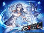  1girl anbe_yoshirou blue_eyes commentary_request countdown detached_sleeves floating_hair gloves grey_hair holding holding_sword holding_weapon long_hair looking_at_viewer mask montagne_kotone official_art parted_lips persona persona_5 persona_5:_the_phantom_x pink_lips smile sword terpsichore_(persona) weapon white_gloves 