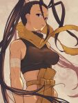  1girl bandages bare_shoulders black_eyes black_hair breasts commentary_request crop_top hair_strand highres ibuki_(street_fighter) long_hair looking_at_viewer medium_breasts partial_commentary ponytail scarf sleeveless street_fighter very_long_hair wind yellow_scarf yuenibushi 