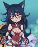  1girl :o ahri_(league_of_legends) animal_ears bangs bare_shoulders belt black_belt bow bowtie breasts cleavage detached_sleeves facial_mark fox_ears fox_girl fox_tail hair_between_eyes large_breasts league_of_legends long_hair multicolored_background multicolored_belt multiple_tails orange_eyes phantom_ix_row red_belt shiny_skin slit_pupils solo tail upper_body whisker_markings white_bow white_bowtie 