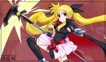  1girl bardiche_(nanoha) black_leotard black_thighhighs blonde_hair blush breasts cape closed_mouth covered_navel fate_testarossa highres hiroshi_(hunter-of-kct) leotard long_hair looking_at_viewer lyrical_nanoha magical_girl mahou_shoujo_lyrical_nanoha mahou_shoujo_lyrical_nanoha_a&#039;s red_eyes small_breasts smile solo thighhighs twintails 