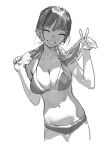  1girl ^_^ absurdres bikini breasts cleavage closed_eyes greyscale halterneck han-0v0 highres monochrome navel original simple_background smile solo swimsuit towel towel_around_neck v 