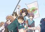  2024_attempted_assassination_of_donald_trump 2boys 4girls apron asahina_mikuru asakura_ryoko blue_hair blue_sailor_collar blue_skirt blush breasts brown_cardigan brown_eyes brown_hair cardigan flag glasses grey_hair hair_ribbon hairband highres kita_high_school_uniform knife kurere1202 kyon long_hair long_sleeves maid maid_apron maid_headdress medium_hair multiple_boys multiple_girls nagato_yuki necktie nervous nervous_sweating official_alternate_costume open_mouth orange_hairband parted_bangs raised_fist red_necktie ribbon sailor_collar school_uniform serafuku short_hair skirt smile sos_brigade sos_brigade_logo stock_chart suzumiya_haruhi suzumiya_haruhi_no_yuuutsu sweat winter_uniform 