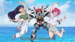  2girls amate_yuzuriha black_hair closed_eyes commentary_request denim denim_shorts gquuuuuux green_eyes gundam gundam_g_no_reconguista gundam_gquuuuuux highres kobakin long_hair looking_at_viewer mecha mobile_suit multiple_girls nyaan_(gundam_gquuuuuux) ocean open_mouth parody red_hair robot scene_reference science_fiction shirt short_hair short_sleeves shorts translation_request v-fin yellow_eyes 
