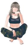  1girl absurdres animal_ears barefoot black_choker black_nails black_sports_bra bracelet breasts camouflage camouflage_pants choker closed_mouth commentary feet girls_band_cry green_pants grey_eyes grey_hair highres jewelry kawaragi_momoka long_hair medium_breasts midriff multicolored_hair nail_polish navel pants rainbow_hose roots_(hair) simple_background solo sports_bra toenail_polish toenails toes white_background 