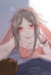anthro blush canid canine duo female fox fur grey_hair hair hi_res kais_(yourumi) lagomorph leporid male male/female mammal mieri_(yourumi) rabbit red_eyes white_body white_fur yourumi