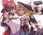  3girls alice_margatroid apron ascot back_bow black_hat black_skirt black_vest blonde_hair bow braid brown_hair capelet closed_mouth commentary_request detached_sleeves frilled_bow frilled_hair_tubes frilled_hairband frills hair_bow hair_tubes hairband hakurei_reimu hat hat_bow hug jingai_(k1bun) kirisame_marisa lolita_hairband long_hair long_sleeves multiple_girls open_mouth pink_hairband red_bow red_eyes red_skirt ribbon-trimmed_sleeves ribbon_trim short_hair side_braid single_braid skirt skirt_set smile touhou vest waist_apron white_apron white_bow white_capelet witch_hat wrist_cuffs yellow_ascot 