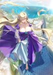 1girl absurdres armpit_crease artist_request asuna_(blue_archive) barefoot blonde_hair blue_archive blue_eyes blue_halo blue_ribbon blurry bodice braid breasts cleavage cloud cloudy_sky collarbone depth_of_field dress flower grin hair_flower hair_ornament hair_over_one_eye hair_ribbon halo highres korean_commentary large_breasts lens_flare lifting_own_clothes long_hair looking_at_viewer mixed-language_commentary mole mole_on_breast ocean on_roof outdoors purple_dress ribbon rooftop see-through_clothes see-through_sleeves side_braid skirt_hold sky smile spire standing tile_roof very_long_hair 