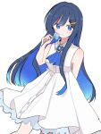 1girl arm_behind_back blue_eyes blue_flower blue_ribbon brooch buttons cevio collared_dress colored_inner_hair commentary_request cowboy_shot dress embroidery flower futaba_minato gradient_neck_ribbon hair_between_eyes hair_ornament hairclip hand_up highres holding holding_flower jewelry ksrgiing light_smile long_hair looking_at_viewer multicolored_hair ribbon simple_background single_sidelock sleeveless sleeveless_dress solo white_background white_dress 