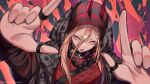  1girl absurdres arms_up bangs belt blonde_hair chainsaw_man hair_ornament highres hood hoodie horns jewelry long_hair long_sleeves looking_at_viewer necklace pixiv_username power_(chainsaw_man) red_horns red_nails red_shirt ring shirt simple_background solo teeth tongue tongue_out wann! yellow_eyes 