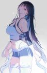  1girl absurdres bare_shoulders blue_eyes blue_hair blue_shorts blush breasts closed_mouth cowboy_shot from_side grey_background highres holding holding_own_hair large_breasts long_hair looking_at_viewer looking_to_the_side mouth_hold myabit navel original short_shorts shorts simple_background solo sports_bra stomach thighhighs thighs white_thighhighs 