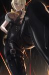 1girl absurdres aozora_1051 black_background black_gloves blonde_hair breasts chest_harness closed_mouth earrings evelyn_chevalier expressionless from_below gloves hand_on_own_hip harness high-waist_pants highres jewelry large_breasts looking_at_viewer necktie pants purple_eyes rain see-through_cleavage see-through_clothes shirt sleeveless sleeveless_shirt solo standing tight_clothes tight_pants wet white_shirt yellow_necktie zenless_zone_zero 