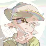  1girl absurdres acuteghost baseball_cap bow-shaped_hair commentary_request cross-shaped_pupils earrings green_jacket grey_hair grey_shirt hat highres inkling jacket jewelry long_pointy_ears long_sleeves marie_(agent_2_casual)_(splatoon) marie_(splatoon) mask mask_pull mole mole_under_eye mouth_mask open_clothes open_jacket parted_lips pointy_ears portrait shirt short_hair solo splatoon_(series) swept_bangs symbol-shaped_pupils tentacle_hair thick_eyebrows white_hat white_mask yellow_eyes 