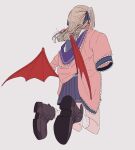  1girl ankle_socks black_shoes blue_sailor_collar blue_skirt brown_hair demon_wings from_behind highres jacket kamatama_rom long_hair makaino_ririmu makaino_ririmu_(4th_costume) multicolored_hair nijisanji pink_hair pink_jacket pleated_skirt sailor_collar school_uniform serafuku shoes simple_background skirt sleeves_past_fingers sleeves_past_wrists socks solo two-tone_hair two_side_up virtual_youtuber white_background white_socks wings 