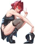  1girl :p ange_katrina ange_katrina_(7th_costume) armpit_peek bare_arms belt belt_boots black_belt black_boots black_dress black_panties black_shorts blue_eyes boots breasts chain china_dress chinese_clothes chromatic_aberration commentary_request crossed_bangs diamond-shaped_pupils diamond_(shape) dress from_side full_body grey_thighhighs hair_between_eyes hair_bun hair_intakes hair_ornament hand_up holding holding_shorts holding_unworn_clothes kuromu lace-up_boots looking_at_viewer looking_to_the_side multicolored_eyes multiple_belts nail_polish nijisanji official_alternate_costume paisley panties panty_straps pink_eyes red_hair red_nails short_dress short_hair short_shorts shorts side_slit simple_background single_thighhigh small_breasts solo squatting symbol-shaped_pupils tassel tassel_hair_ornament thighhighs thighs tiptoes tongue tongue_out transparent_background two-tone_eyes underwear unworn_shorts v virtual_youtuber x_hair_ornament 