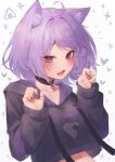  1girl :d absurdres ahoge animal_ears black_collar blush breasts cat_ears cat_girl collar cropped_hoodie fang highres hololive hood hoodie looking_at_viewer midriff nanome_to nekomata_okayu purple_eyes purple_hair purple_hoodie short_hair skin_fang smile solo virtual_youtuber 