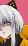  1girl black_jacket closed_mouth disgust grey_hair hair_ornament highres jacket looking_at_viewer lzypoipoi medium_hair orange_eyes orange_jacket punishing:_gray_raven purple_background shaded_face short_hair_with_long_locks zipper 