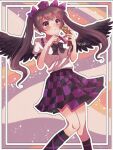  1girl :/ absurdres black_bow black_bowtie black_skirt black_socks black_wings blush border bow bowtie brown_background brown_eyes brown_hair calligraphy_brush cellphone_charm charm_(object) checkered_clothes checkered_skirt feathered_wings feet_out_of_frame hat highres himekaidou_hatate holding holding_phone knees konpota_(pixiv_113398422) long_hair paintbrush phone pointy_ears purple_bow purple_skirt shirt short_sleeves skirt socks solo tokin_hat touhou twintails wavy_background white_border white_shirt wings 