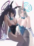  2girls absurdres animal_ears asuna_(blue_archive) asuna_(bunny)_(blue_archive) asymmetrical_docking bare_shoulders black_hair black_leotard blue_archive blue_bow blue_bowtie blue_eyes blue_leotard blue_ribbon bow bowtie breast_press breasts brown_hair brown_pantyhose cleavage dark-skinned_female dark_skin detached_collar fake_animal_ears fishnet_pantyhose fishnets gloves grey_background hair_ribbon halo highres karin_(blue_archive) karin_(bunny)_(blue_archive) large_breasts leotard long_hair looking_at_viewer mole mole_on_breast multiple_girls noviceeeeeeee official_alternate_costume pantyhose ponytail rabbit_ears ribbon simple_background sitting smile white_gloves yellow_eyes 