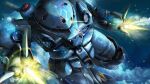  absurdres arm_cannon battle beam_cannon bubble claws copyright_logo firing gundam gundam_battle_operation_2 gundam_f90 highres machinery mecha mecha_focus mobile_suit neo_zeon no_humans official_art one-eyed painting_(medium) realistic rf_z&#039;gok robot scan science_fiction sunrise_(company) tenjin_hidetaka traditional_media underwater water weapon z&#039;gok 