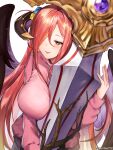  1girl aoyama_yoshino blush bocchi_the_rock! breasts cosplay gotou_hitori gotou_hitori_(cosplay) granblue_fantasy green_eyes hair_ornament hair_over_one_eye highres holding holding_weapon horns huge_weapon jacket large_breasts long_sleeves noire_(granblue_fantasy) one_side_up parted_lips pink_jacket red_hair solo sword_between_breasts track_jacket twitter_username upper_body voice_actor_connection weapon white_background wings yuntae 