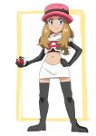  1girl alternate_costume black_footwear black_gloves blue_eyes boots brown_hair closed_mouth commentary_request cosplay cropped_jacket elbow_gloves eyelashes full_body gloves hainchu hand_on_hip hat hat_ribbon highres holding holding_poke_ball jacket jessie_(pokemon) jessie_(pokemon)_(cosplay) logo long_hair pink_headwear poke_ball poke_ball_(basic) pokemon pokemon_(anime) pokemon_xy_(anime) ribbon serena_(pokemon) skirt smile solo standing team_rocket team_rocket_uniform thigh_boots white_jacket white_skirt 