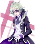  1boy ascot bangs black_coat black_pants coat delicious_party_precure dress_shirt fangs gloves grey_ascot grey_hair hair_between_eyes hair_over_shoulder highres kyoutsuugengo long_hair long_sleeves low_ponytail male_focus mask narcistoru open_clothes open_coat open_mouth pants precure purple_eyes shirt solo white_gloves white_shirt 