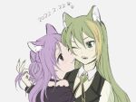 2girls alina_gray animal_ears bangs black_vest blush cat_ears cheek-to-cheek fang gem goo_ii green_eyes green_gemstone green_hair green_nails hat hat_removed heads_together headwear_removed highres holding holding_hair long_hair looking_at_another magia_record:_mahou_shoujo_madoka_magica_gaiden magical_girl mahou_shoujo_madoka_magica medium_hair misono_karin multicolored_hair multiple_girls one_eye_closed open_mouth puffy_short_sleeves puffy_sleeves purple_eyes purple_hair short_sleeves simple_background smile streaked_hair vest 