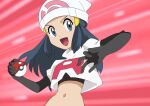  1girl :d beanie black_gloves black_hair commentary_request cosplay cropped_jacket dawn_(pokemon) elbow_gloves eyelashes gloves grey_eyes hainchu hat highres holding holding_poke_ball jacket jessie_(pokemon) jessie_(pokemon)_(cosplay) logo long_hair open_mouth pink_background poke_ball poke_ball_(basic) pokemon pokemon_(anime) pokemon_dppt_(anime) smile solo team_rocket team_rocket_uniform tongue upper_body white_headwear white_jacket 