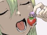  alina_gray bangs carrying closed_eyes food fruit goo_ii green_hair hair_ornament highres jewelry looking_at_another magia_record:_mahou_shoujo_madoka_magica_gaiden mahou_shoujo_madoka_magica medium_hair minigirl misono_karin open_mouth parted_bangs purple_eyes purple_hair ring sakae_general_school_uniform school_uniform simple_background star_(symbol) star_hair_ornament strawberry two_side_up 