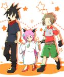  1girl 2boys alba_(senyuu) armor black_footwear black_hair black_shirt boots brown_hair green_shorts high_heels holding_hands looking_at_another multiple_boys orange_shirt pink_hair pointy_ears red_eyes red_footwear ross_(senyuu) ruki_(senyuu) sen&#039;yuu. shirt shorts ss1313 star_(symbol) sweatdrop 