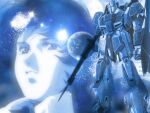  1980s_(style) 1990s_(style) 1boy aeug blue_background cable earth_(planet) grin gundam kamille_bidan kitazume_hiroyuki looking_ahead machinery mecha mobile_suit monochrome planet promotional_art retro_artstyle robot scan science_fiction shield smile space sparkle_background sparkling_eyes star_(sky) traditional_media v-fin zeta_gundam zeta_gundam_(mobile_suit) 