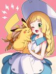  1girl ;d affectionate blonde_hair blush braid cheek-to-cheek collared_dress commentary_request dress eyelashes green_eyes happy hat heads_together highres holding holding_pokemon kinocopro lillie_(pokemon) long_hair one_eye_closed open_mouth outline pikachu pink_background pokemon pokemon_(creature) pokemon_(game) pokemon_sm sleeveless sleeveless_dress smile sun_hat sundress tongue white_dress white_headwear 