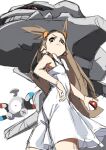  1girl ass bow brown_eyes brown_hair dress food-themed_hair_ornament fu-ta hair_ornament holding holding_poke_ball jasmine_(pokemon) long_hair looking_at_viewer magnemite orange_hair_ornament poke_ball pokemon pokemon_gsc short_twintails steelix turning_head twintails white_background white_bow white_dress 