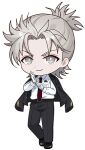  1boy artist_request black_jacket black_pants black_shoes black_suit chibi chibi_only collared_shirt fate/grand_order fate_(series) full_body gloves grey_eyes grey_hair half_updo jacket jacket_on_shoulders long_sleeves looking_at_viewer medium_hair necktie official_art pants promotional_art second-party_source shirt shoes smile solo standing suit takeda_shingen_(fate) train_conductor transparent_background white_gloves white_shirt 