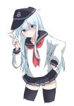  1girl anchor_symbol black_sailor_collar black_skirt black_thighhighs blue_eyes blue_hair commentary_request cropped_legs flat_cap hat hibiki_(kancolle) highres kantai_collection leaning_forward light_blue_hair long_hair long_sleeves looking_at_viewer neckerchief nyanzai-sensei pleated_skirt red_neckerchief sailor_collar school_uniform serafuku simple_background skirt smile solo thighhighs v white_background 