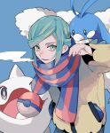  1boy altaria blue_background blue_scarf breath cetoddle commentary_request green_eyes green_hair grusha_(pokemon) hand_up jacket long_sleeves looking_at_viewer male_focus momotose_(hzuu_xh4) pants parted_lips poke_ball_print pokemon pokemon_(creature) pokemon_(game) pokemon_sv scarf smile striped striped_scarf yellow_jacket 