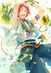  1boy armlet bangs belt commentary_request ensemble_stars! falling_petals flower green_eyes hands_up holding holding_flower isara_mao jewelry leaf male_focus microphone necklace open_mouth partial_commentary petals purple_hair seuga short_hair side_slit sleeveless solo sunflower teeth upper_teeth_only water wrist_cuffs 