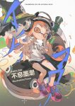  1girl 2025 artist_name bike_shorts black_shorts closed_mouth commentary_request copyright_name full_body headphones highres holding holding_weapon inkling inkling_girl inkling_player_character long_hair looking_at_viewer orange_eyes orange_hair outstretched_arm pink_shoes reaching reaching_towards_viewer shirt shoes short_sleeves shorts sitting smile sneakers solo splatoon_(series) splatoon_1 splattershot_(splatoon) t-shirt tentacle_hair towo_nita weapon white_background white_shirt zapfish 