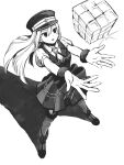  1girl alina_gray boots detached_collar fishnet_thighhighs fishnets full_body fur-trimmed_thighhighs fur_cuffs goo_ii greyscale hat highres long_hair looking_at_object magia_record:_mahou_shoujo_madoka_magica_gaiden magical_girl mahou_shoujo_madoka_magica monochrome open_mouth peaked_cap pleated_skirt puffy_short_sleeves puffy_sleeves short_sleeves simple_background skirt solo thighhighs v-neck vest white_background 
