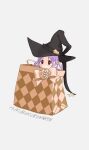  1girl bag bangs black_headwear goo_ii hair_bobbles hair_ornament hat highres in_bag in_container magia_record:_mahou_shoujo_madoka_magica_gaiden magical_girl mahou_shoujo_madoka_magica misono_karin open_mouth parted_bangs purple_hair simple_background solo star_(symbol) two_side_up white_background witch_hat 