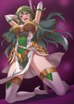  1girl absurdres armor armpits arms_behind_head arms_up bangs belt blush boots breastplate breasts capelet cleavage dress faulds fire_emblem fire_emblem_heroes green_capelet green_dress green_eyes green_hair high_heel_boots high_heels highres kneeling large_breasts long_hair looking_at_viewer open_mouth palla_(fire_emblem) pauldrons pelvic_curtain pole_dancing shoulder_armor sidelocks sirano smile solo stripper_pole thigh_boots thighs two-tone_dress white_dress white_footwear 