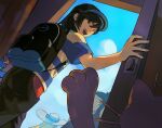  1girl 2boys alolan_meowth arm_up baseball_cap black_hair black_shirt blonde_hair closed_mouth cloud commentary_request dark-skinned_male dark_skin door double-parted_bangs elio_(pokemon) fingernails hair_between_eyes hat hau_(pokemon) highres lillie_(pokemon) long_hair looking_back male_focus multiple_boys open_door open_mouth paw_up pokemon pokemon_(creature) pokemon_sm popplio red_nose shiki_(south4pole) shirt short_sleeves sky smile standing striped_clothes striped_shirt sun_hat teeth upper_teeth_only white_hat 