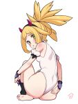  1girl armlet ass bangs barefoot black_hairband blonde_hair blush commentary_request cosplay eyelashes fake_horns from_behind full_body green_eyes hairband highres horns iris_(fall_2022)_(pokemon) iris_(fall_2022)_(pokemon)_(cosplay) iris_(pokemon) kinocopro leotard lillie_(pokemon) long_hair looking_at_viewer looking_back parted_lips pokemon pokemon_(game) pokemon_masters_ex pokemon_sm simple_background sitting soles solo toes white_background white_leotard wrist_cuffs 