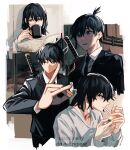  1boy artist_name bangs black_hair black_jacket black_necktie black_pants chainsaw_man cigarette claireiosity collared_shirt cup drinking earrings fire formal fox_shadow_puppet grey_shirt hair_down hayakawa_aki highres holding holding_cup holding_newspaper jacket jewelry katana lighting_cigarette necktie newspaper one_eye_closed pants shirt shirt_tucked_in short_hair sling smoking stud_earrings suit suit_jacket sword topknot weapon weapon_on_back white_shirt 