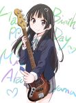  1girl akiyama_mio bangs bass_guitar birthday black_hair blush commentary_request english_text grey_eyes happy_birthday heart highres hime_cut holding holding_instrument holding_plectrum instrument k-on! left-handed long_hair maruyo plectrum sakuragaoka_high_school_uniform school_uniform sidelocks smile solo upper_body white_background 