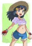  1girl :d bangs black_hair blue_shorts border bracelet brown_headwear commentary_request dawn_(pokemon) eyelashes frills green_background grey_eyes hainchu hair_ornament hairclip happy hat highres holding holding_poke_ball jewelry legs_apart long_hair navel open_mouth poke_ball poke_ball_(basic) pokemon pokemon_(anime) pokemon_dppt_(anime) poketch purple_shirt shirt short_shorts short_sleeves shorts sidelocks smile solo tongue watch white_border wristwatch 