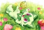  :d berry_(pokemon) claws commentary_request fangs flower grass kaminokefusa lying no_humans on_back open_mouth pink_eyes pink_flower pokemon pokemon_(creature) smile solo sprigatito tongue 