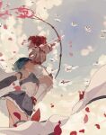  2girls arrow_(projectile) blue_hair blue_sky bow_(weapon) cloud commentary_request detached_sleeves familiar_(madoka_magica) frilled_skirt frills from_below gloves kaname_madoka luli_(bungo_kuni) magical_girl mahou_shoujo_madoka_magica mary_janes miki_sayaka multiple_girls petals puffy_sleeves red_footwear ribbon shoes short_hair short_twintails skirt sky thighhighs thighs twintails weapon white_gloves white_thighhighs 